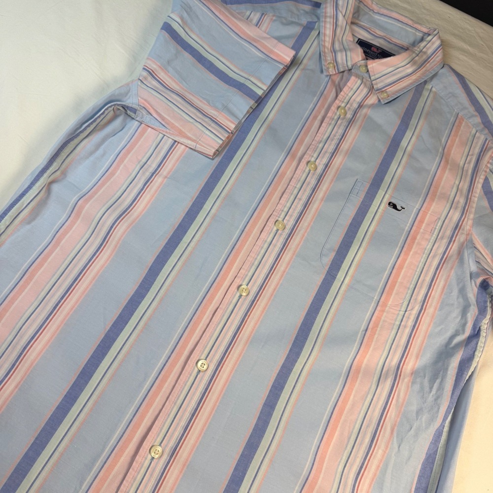 Vineyard Vines Shirt Mens Medium Blue Pink Striped Classic Fit S/S Logo EUC - Picture 6 of 11